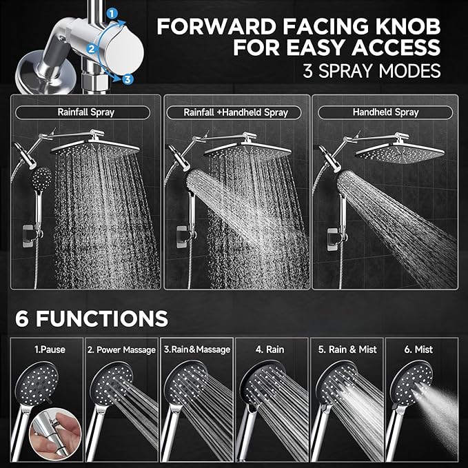 Veken Wide Rain Shower Head with Metal Main Body, High Pressure Showerhead with 6 Mode Handheld Spray Combo for Bathroom Accessories, Home Decor Detachable Dual Shower with Extension Arm,Silver Chrome
