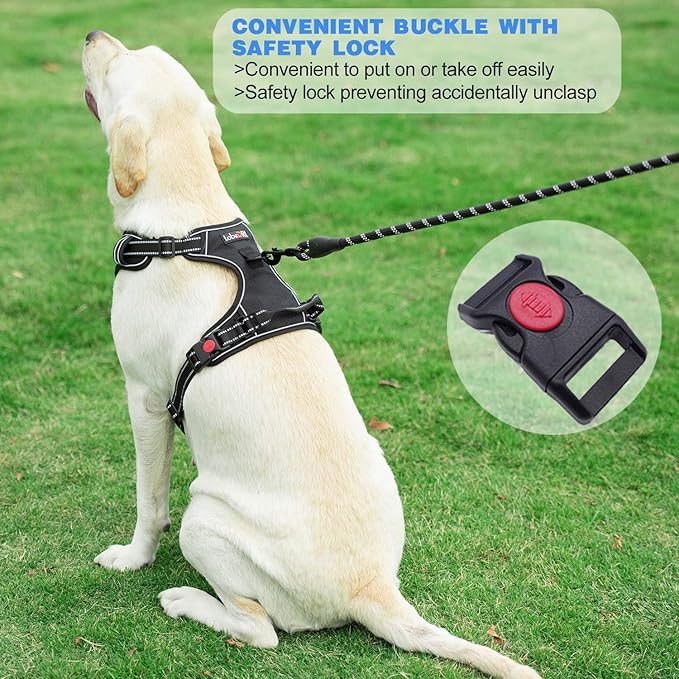 No Pull Dog Harness Adjustable Reflective Oxford Easy Control Medium Large Dog Harness with A Free Heavy Duty 5ft Dog Leash (XL (Neck: 21.5"-33", Chest: 30"-39.5"), Red Harness+Leash)