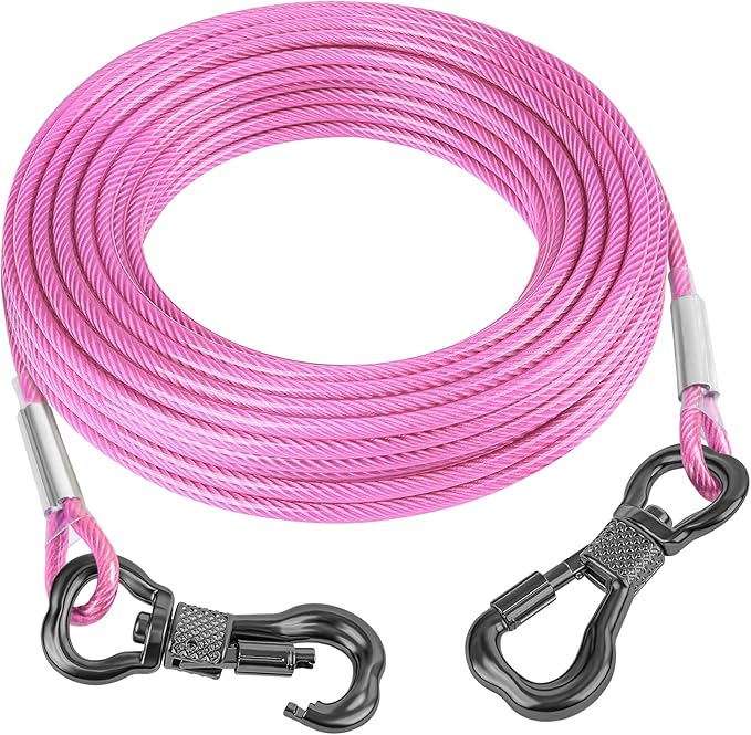 Tresbro 20FT Reflective Tie Out Cable for Dogs Up to 250 Pounds, Steel Wire Lead Leash Cable with Stainless Rotatable Buckle, Lightweight and Enduring, Dog Chains Outside for Outdoor, Yard, Pink