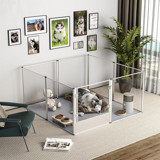 Dog Clear Playpen Fence Kennel: 32” Extra Tall Indoor Pet Birthing Cage Whelping Box with Waterproof Fertility Pad - 52”x52” Extra Large Dogs Exercise Crate Pen Made by Acrylic and Aluminum Frame