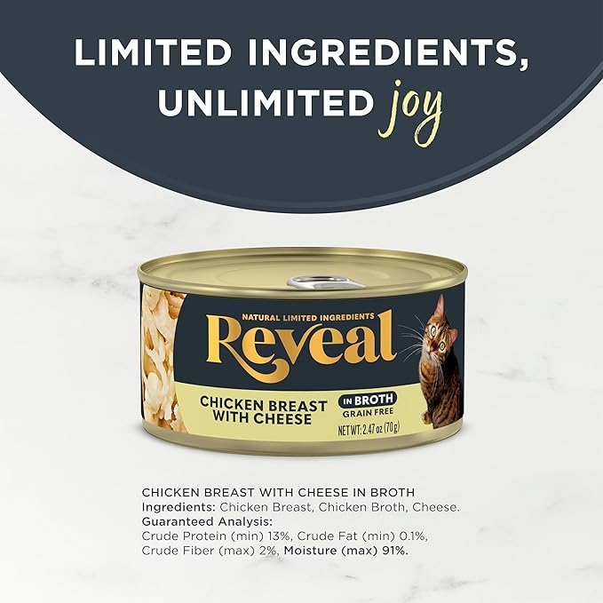 Reveal Natural Wet Cat Food, 24 Count, Grain Free, Limited Ingredient Canned Food for Cats, Chicken Breast with Cheese in Broth, 2.47 oz Cans
