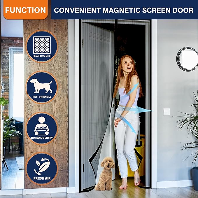 Magnetic Screen Door,Screen Door Mesh,Keep Bugs Out, Easy Install Works with Front Doors, Sliding Doors,Fit Door Size 72 x 80 Inches Black