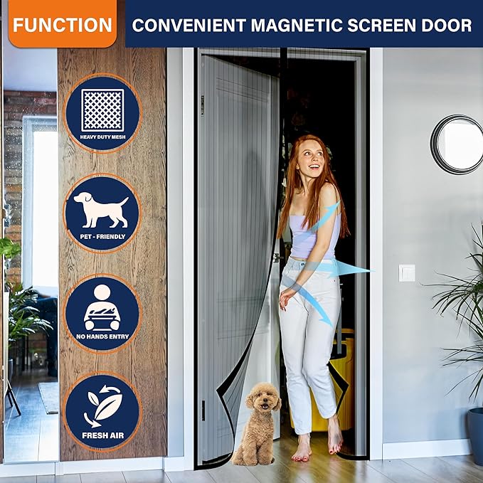 Magnetic Screen Door，Screen Door Mesh，Keep Bugs Out, Heavy-Duty Mesh Curtain,Pet and Kid Friendly, Works with Front Doors, Sliding Doors（36 x 84 Inches ‎Black