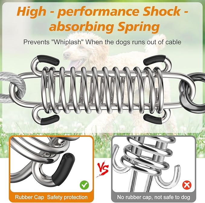 Tresbro 25 FT Dog Tie Out Cable with Spring, Shock Absorbing Tether Chains for Outside Aavilable in 10/15/20/25/30/40/50/70/100/120 FT, Heavy Duty Leads for Yard for Medium & Large Dogs Up to 500 LBS