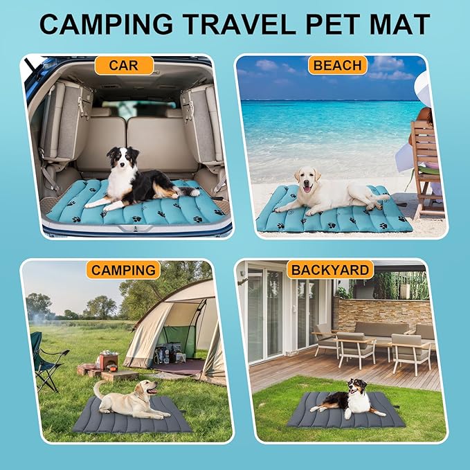 BEAUTYZOO Outdoor Dog Bed Waterproof, Camping Dog Bed Reversible, Portable Travel Bed with Carry Bag- Machine Washable, Durable, Foldable Outdoor Pet Bed Mat for Medium Large Dogs, 35” x 51“ Blue