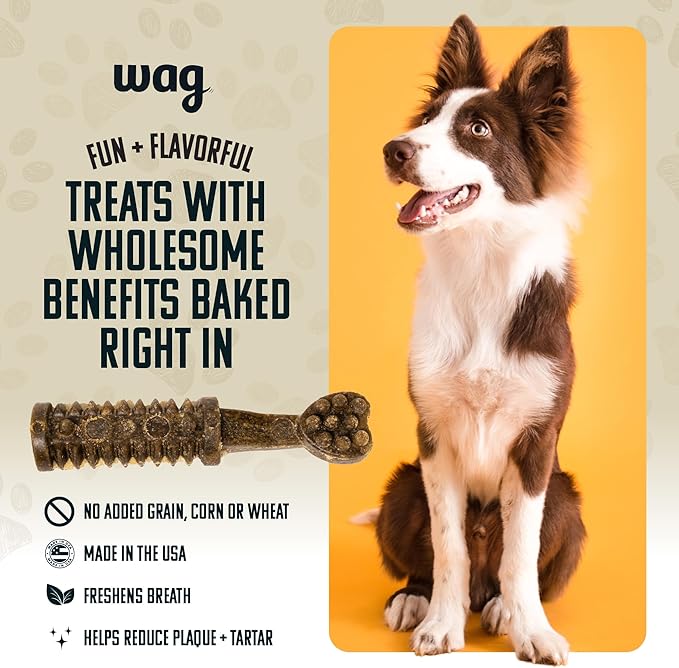 Amazon Brand - Wag Dental Chews - Green Dental Brush for Dogs, Large, Unflavored, 24 Count (Pack of 1)