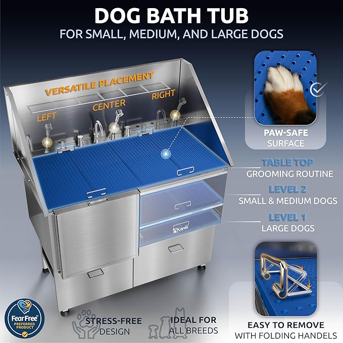 KANIS Professional Dog Washing Station - 304 Stainless Steel Pet Wash Sink & Grooming Bath Tub for Home with Ramp, Shower, Floor Grate, Storage Drawers, and Faucet for Large, Medium & Small Pets