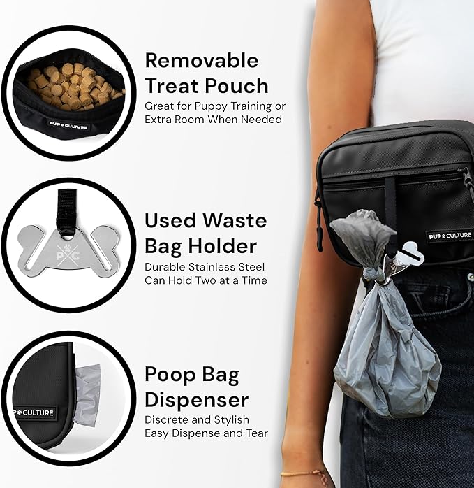 Pup Culture Cross Body Dog Training Treat Pouch | Removable for Anytime Puppy Training | Built-in Poop Bag Dispenser & Used Bag Holder | Stylish Black