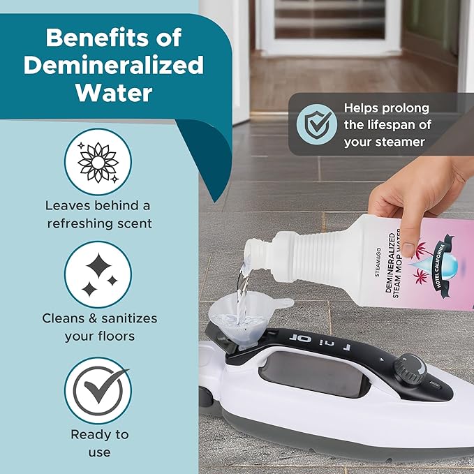 Steam & Go Deminerilized Water - Multi-Surface Cleaner for Steam Cleaners, Hardwood Floors, Kitchens, & Bathrooms - Germ-Killing Formula - Hotel California Scent - 32 Ounces (Pack of 1)