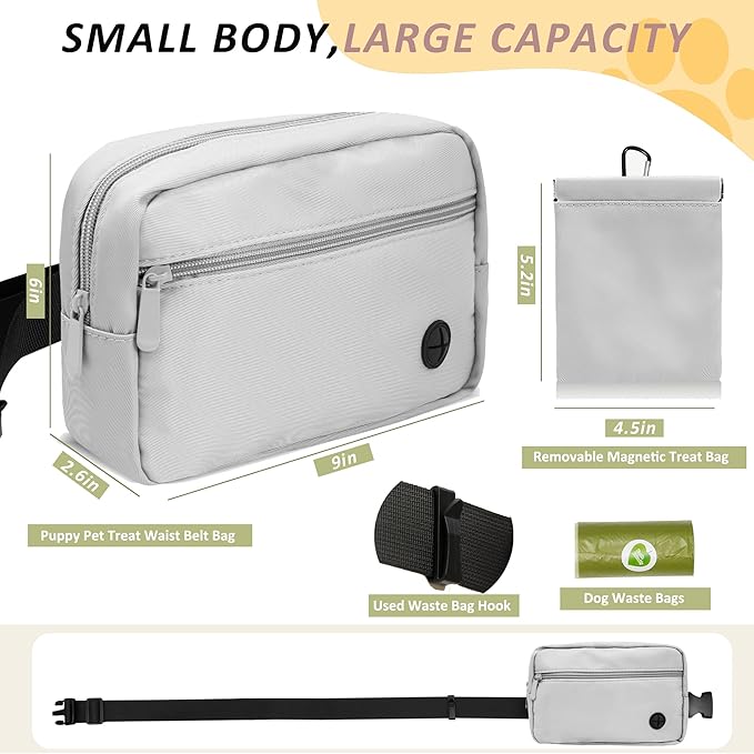 Puppy Dog Treat Pouches for Pet Training Treat Bag, Dog Walking Fanny Pack with Carabiner, Built-in Poop Bag Dispenser & Reuse Dog Poop Holder, Puppy Pet Treat Waist Belt (Grey)