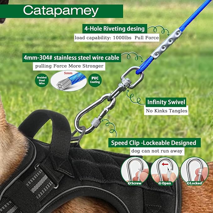 Dog Tie Out Cable and Stake for Yard,(up to 200lbs) 360°Swivel Dog Run Anchors- No Tangle,with 30FT Heavy Duty Tie Out Cable for Dogs,Runner for Yard,Ideal for Outdoor Camping
