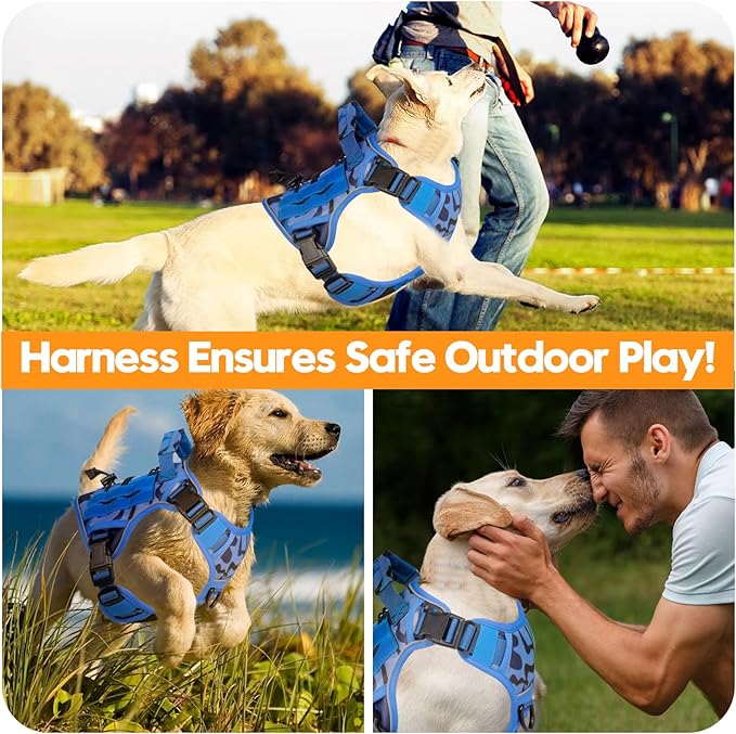 Heavy-Duty Tactical Dog Harness for Large Dogs, No Pull Adjustable Reflective Pet Vest with Molle System, K9 Military-Grade Control for Service Training, Outdoor & 10+ Breeds, Blue Camo, Medium
