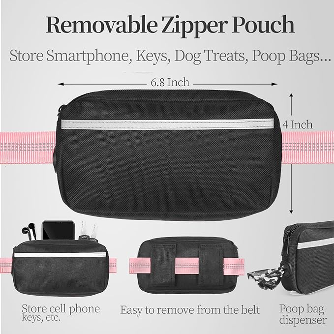 iYoShop Hands Free Dog Leash with Zipper Pouch, Dual Padded Handles and Durable Bungee for Walking, Jogging and Running Your Dog (Baby Pink, 8-25 lbs, Medium)