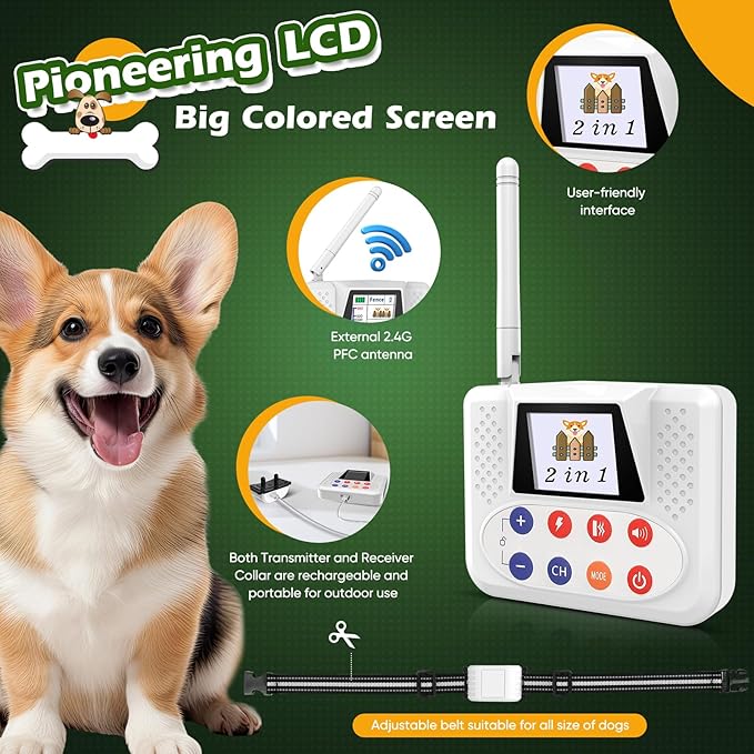 Wireless Dog Fence System, Electric Fence for Dog with Big LCD Screen, Portable Outdoor Pet Wireless Fence with 2.4G Antenna, Waterproof Training Collar, Adjustable for Large Medium Small Dogs