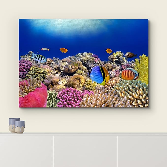 wall26 Canvas Print Wall Art Vibrant Coral Reef Anemone Fish Ecosystem Nature Animals Photography Realism Rustic Scenic Landscape Wilderness Earth Colorful for Living Room, Bedroom, Office - 24"x36"