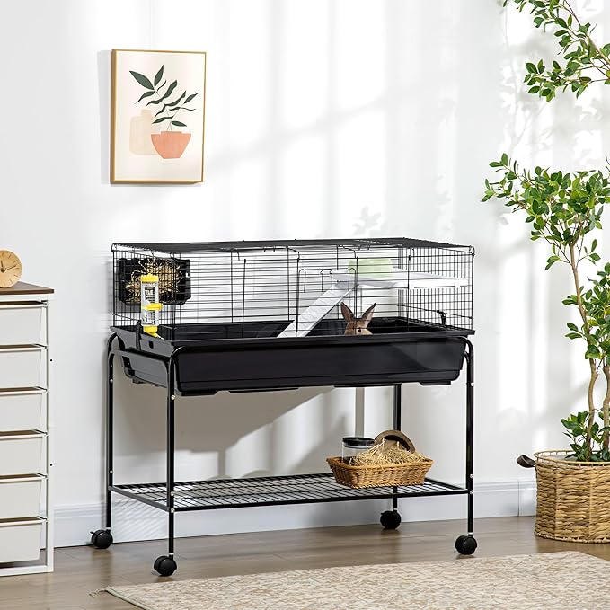 PawHut Two-Story Small Animal Cage Removable from Stand, Guinea Pig Cage with Shelf & Wheels, Pet Habitat for Hedgehog, Chinchilla, Ferret, 39" x 20.5" x 36.5", Black