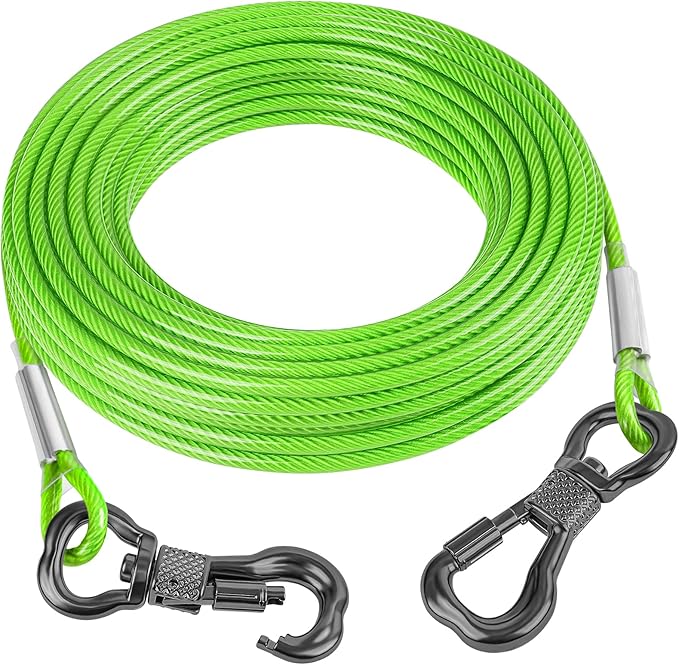 Tresbro 70FT Reflective Tie Out Cable for Dogs Up to 250 Pounds, Steel Wire Dog Leash Cable with Stainless Rotatable Buckle, Lightweight and Enduring, Dog Chains Outside for Outdoor Yard, Green