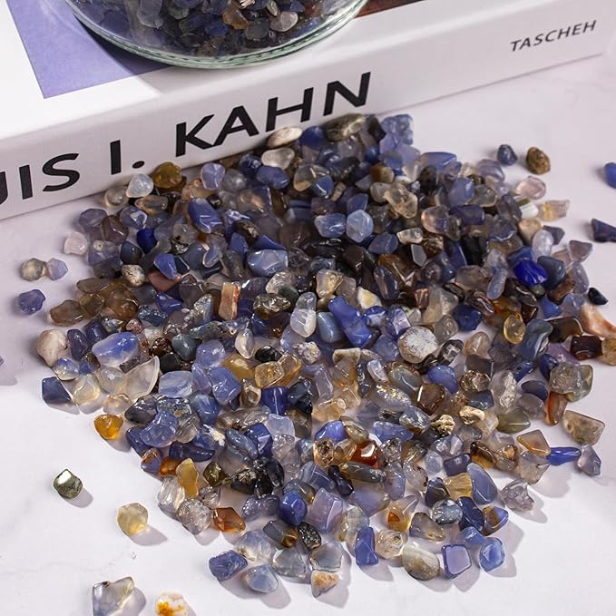0.5 Lb/230g Blue Agate Crushed Stone Tumbled Chips Bulk, Natural Polished Aquarium Gravel Rocks Crystals Stones Decorative Fish Tank Pebbles Vase Filler - 5-7mm