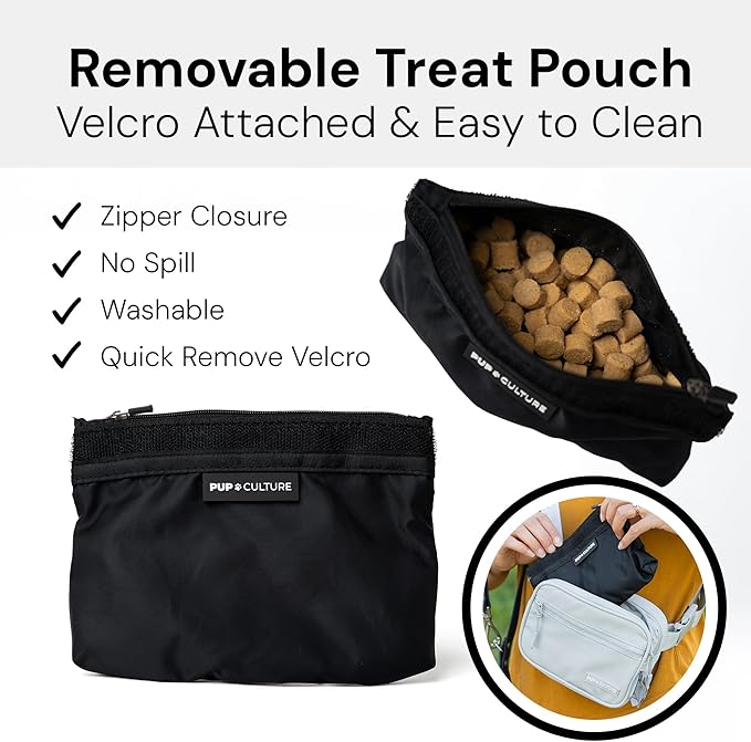 Pup Culture Cross Body Dog Training Treat Pouch | Removable for Anytime Puppy Training | Built-in Poop Bag Dispenser & Used Bag Holder | Stylish Grey