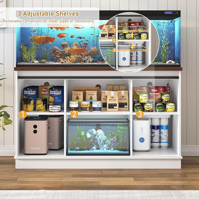Farmhouse 55-75 Gallon Fish Tank Stand with Power Outlet, Aquarium Stand with Cabinet&Sliding Barn Door, Heavy Duty Reptile Tank Stand for 2 Fish Tank/Turtle Tank/Reptile Terrarium, White