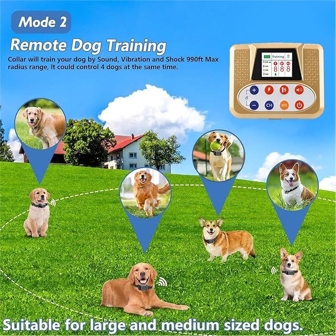 Wireless Dog Fence, Electric Dog Fence & Remote Training Collar, Vibration & Shock, IP65 Waterproof Collar for Large and Medium Dogs with 3 Training Modes, Dog Container Boundary System,for1dog