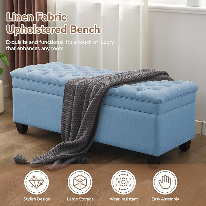 51" Fabric Storage Ottoman Bench, Upholstered Rectangle End of Bed Storage Ottoman Tufted Living Room Bedroom Bench with Safety Hinge, Solid Wood Legs, Loads 500 lb(Light Blue)