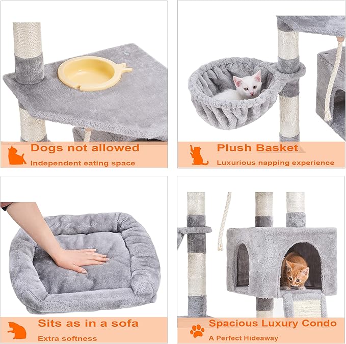 Heybly Cat Tree, Cat Tower for Indoor Cats with Scratching Board, Multi-Level Cat Furniture Condo with Feeding Bowl, Light Gray HCT010W