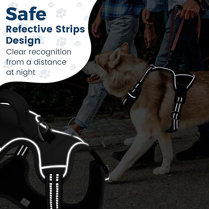 Funfox Dog Harness No Pull, Adjustable Dog Vest Harness, Super Soft Material with Vertical Handle Easy Control, Reflective Night Walking, 2 Leash Clips for Small Medium Large Size, Black, S
