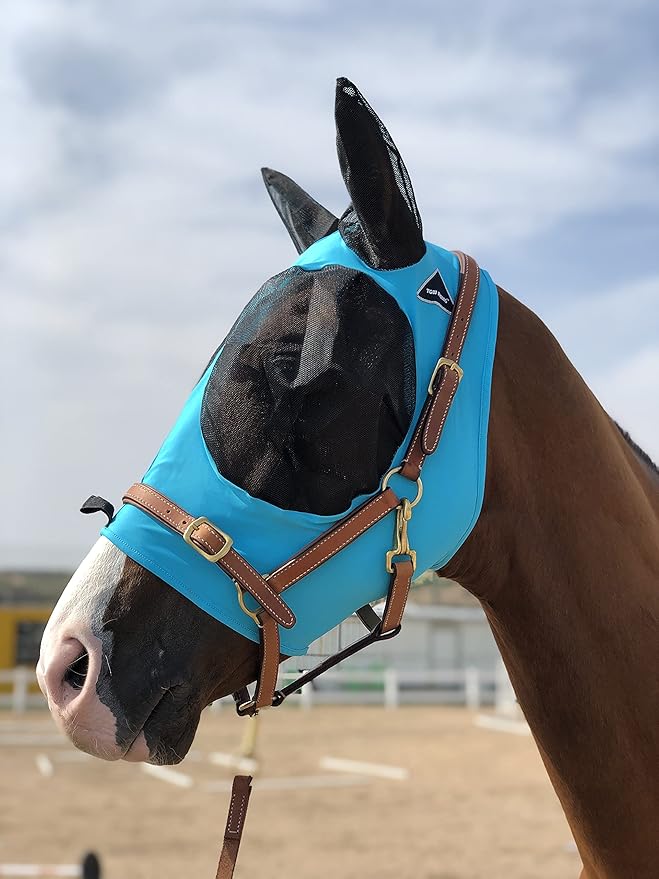 Horse Fly Mask Super Comfort Horse Fly Mask Elasticity Fly Mask with Ears We Only Make Products That Horses Like… (Pacific Blue, M)