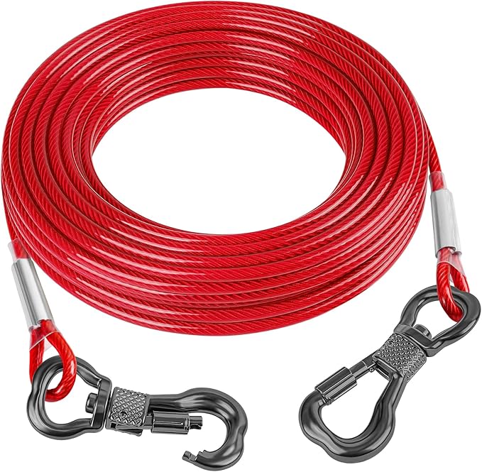 Tresbro 10FT Red Reflective Tie Out Cable for Dogs Up to 60 Pounds, Steel Wire Lead Leash with Stainless Rotatable Buckle, Lightweight and Enduring, Dog Chains Outside for Outdoor,Yard,Camping