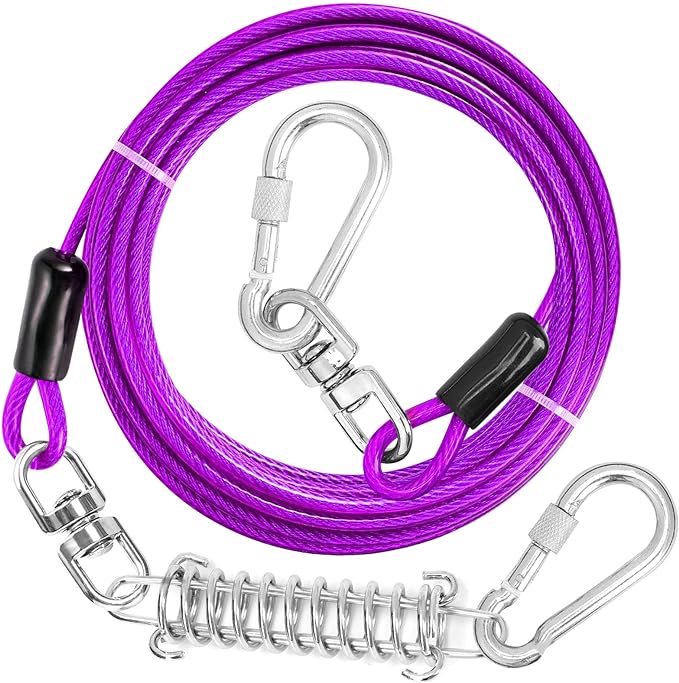 Jenico Dog Tie Out Cable - 10/15/20/30/40/50/70/100/150FT Runner Cable with Swivel Hook and Shock Spring, Leash Tether for Yard, Outdoor and Camping, for Small to Medium Pets Up to 500 LBS