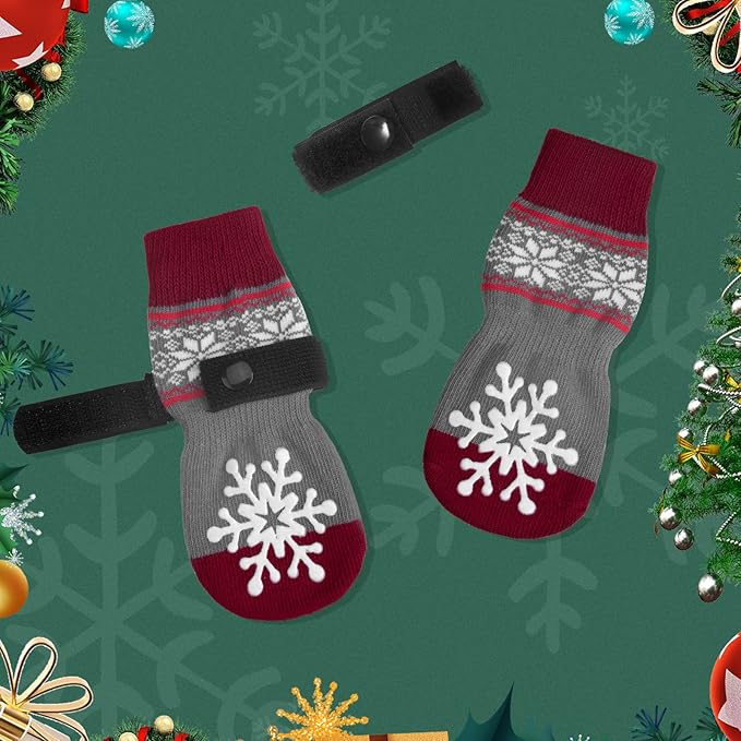 BEAUTYZOO Christmas Winter Anti-Slip Dog Socks with Grips Traction Control for Small Medium Large Dogs, Non Skid Indoor Double Side Pet Paw Protector for Hardwood Floor Wear, Snowflake S