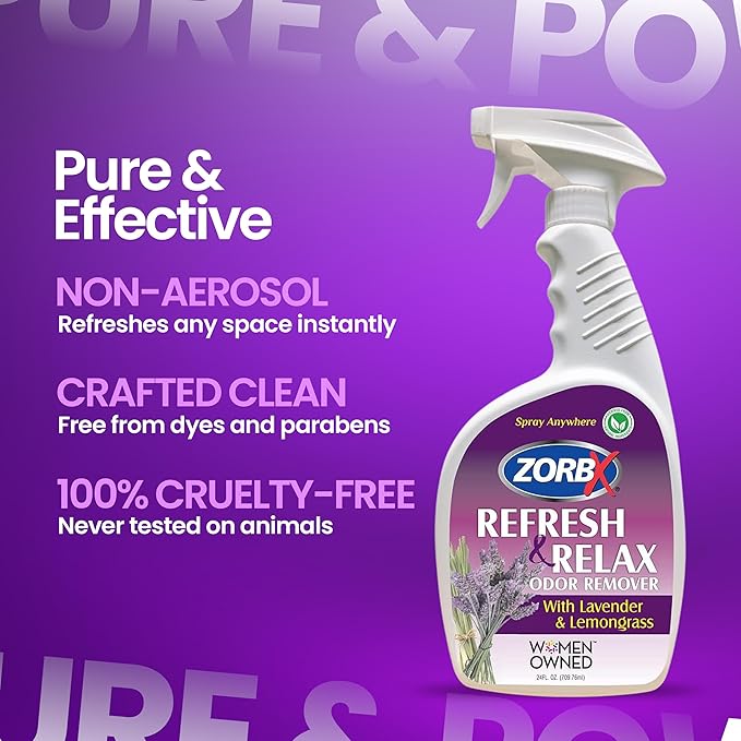 ZORBX Lavender & Lemongrass Spray, 24 Oz - All-Purpose Deodorizer, Refreshes Fabric, Removes Strong Odors, Perfect for Home, Car, Gym, Laundry