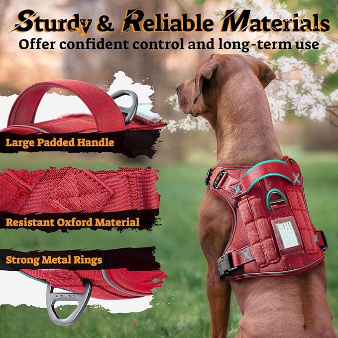 rabbitgoo Dog Harness for Large Dogs No Pull, Tactical Service Pet Vest with Molle and Control Handle, Adjustable and Reflective Military Harness for Easy Walking and Training, Red, L