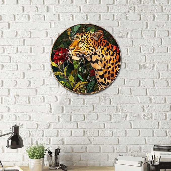 Lygond Metal Sign Tin Sign Circular Stained Glass Leopard Home Decor For Restaurant 8×8 Inches