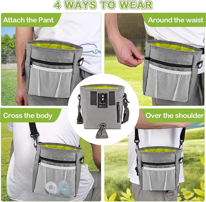 JIURUN Dog Treat Bag, Dog Training Kit - Treat Pouch, Pet Training Fanny Pack, Puppy Training Clicker, 2-in-1 Whistle Clicker, Collapsible Dog Bowl, 2 Dog Poop Bag（Gray）