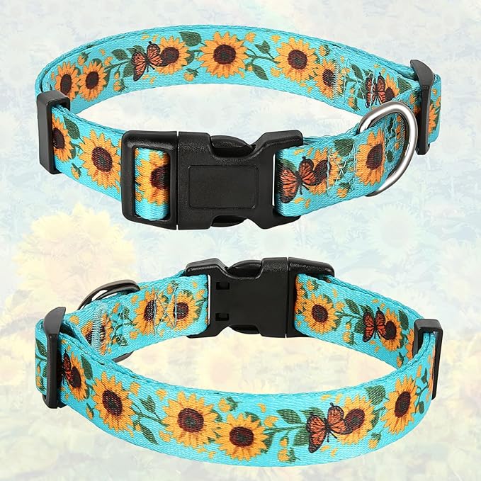 HEELE Dog Collar, Adjustable Soft Dog Collar for Small Medium Large Dogs,Sunflower Floral Patterned Puppy Collars with Quick Release Buckle Sunflower Green M Length 13.39''-20.87''