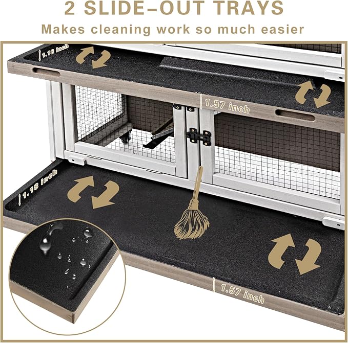 36" L Rabbit Hutch Indoor with 4 Metal Wheels, 2-Story Wooden Bunny Hutch Outdoor Bunny Cage, 2 Deeper Pull-Out Trays, Ramp, Rabbit Cage Guinea Pig Pet House for Small Animals