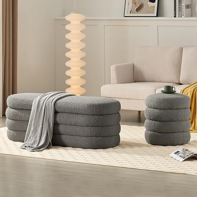 Storage Ottoman Bench 49.2 Inch Upholstered Fabric Storage Bench for Bedroom End of Bed Aesthetic Large Oval Ottoman for Living Room(Grey)