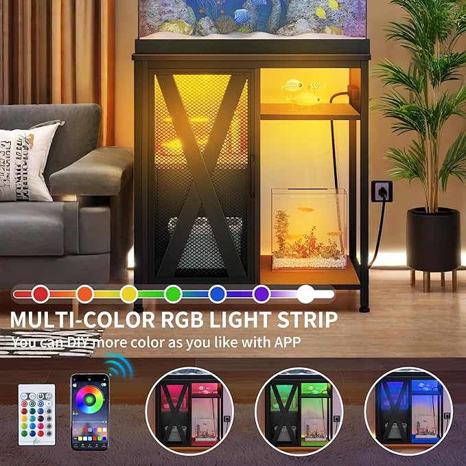 YITAHOME Fish Tank Stand with Power Outlets & LED Light, 20-29 Gallon Metal Aquarium Stand with Cabinet for Fish Tank Accessories Storage for Turtle Tank, Reptile Terrarium, 350LBS Capacity, Black