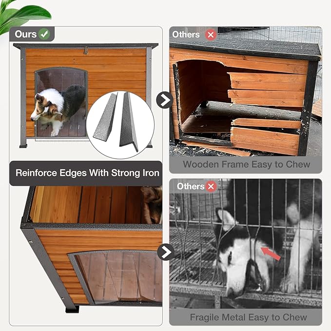 Wooden Dog House Outdoor with Iron Frame, Weatherproof Dog Kennel with Removable Floor, Anti Bite Puppy Shelter with Openable Roof (Brown, 33.5'' x 25.2'' x 22'')