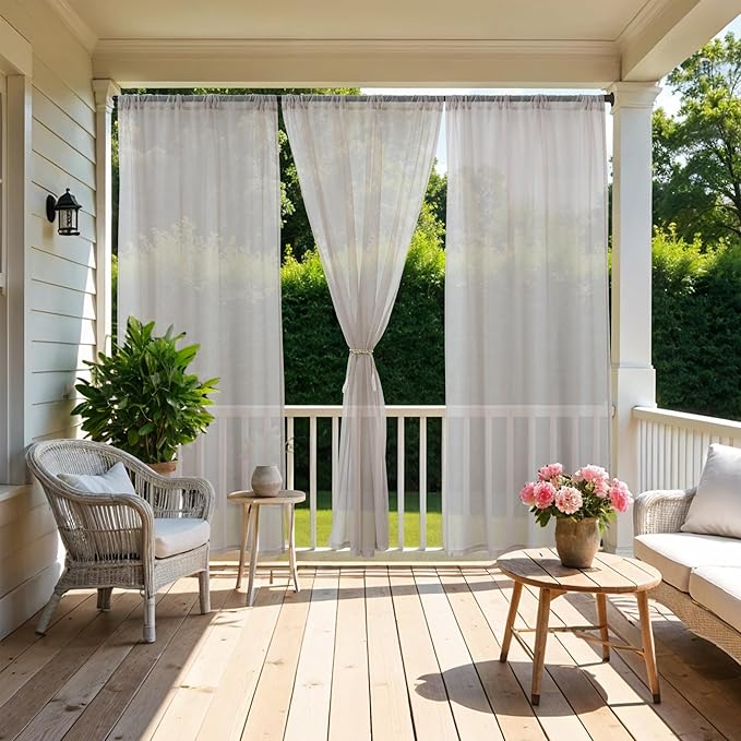 HolidayIdeas All Weather Outdoor Patio Curtains 6 Pcs Linen Look Rod Pocket Sheer Outdoor Curtains for Porch, Balcony, Gazebo, Pergolas,Cabana,Cloud Grey, 54x120 Inch