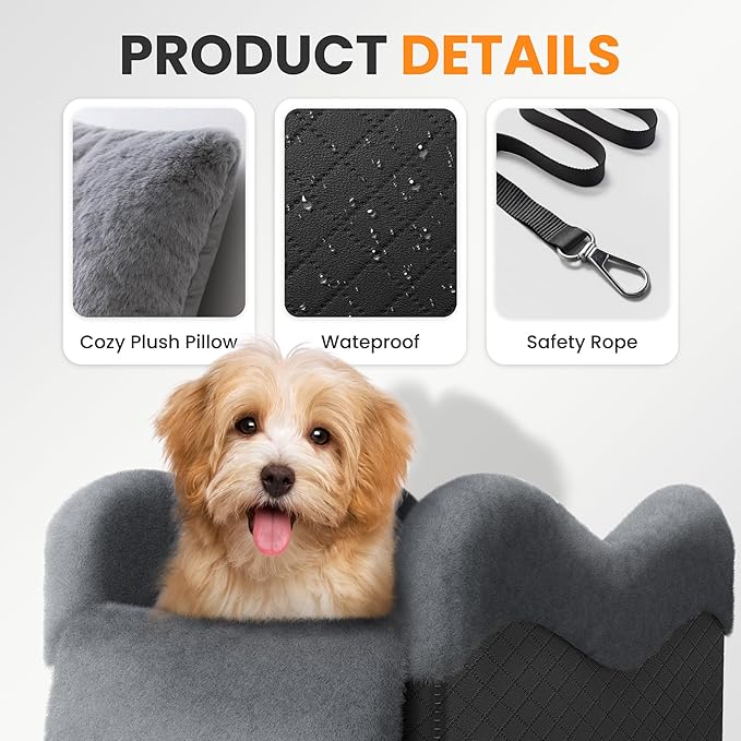 Portable Small Dog Seat for Car(Up to 11LB),Luxury Center Console Dog Car Seat Booster with Safety Tethers,Auti-Collapse Pet Travel Carrier for SUV,Truck.(Black/Grey)