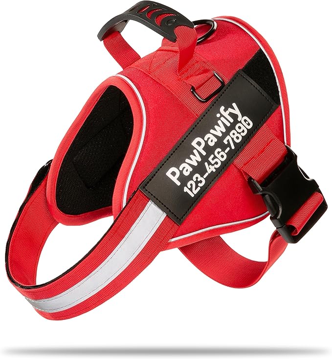 PawPawify Custom No Pull Dog Harness with Name and Phone Number, Heavy Duty Personalized Pet Vest to Prevent Tugging, Pulling, or Choking, Training and Walking (New Red, L (40-60 LBS))