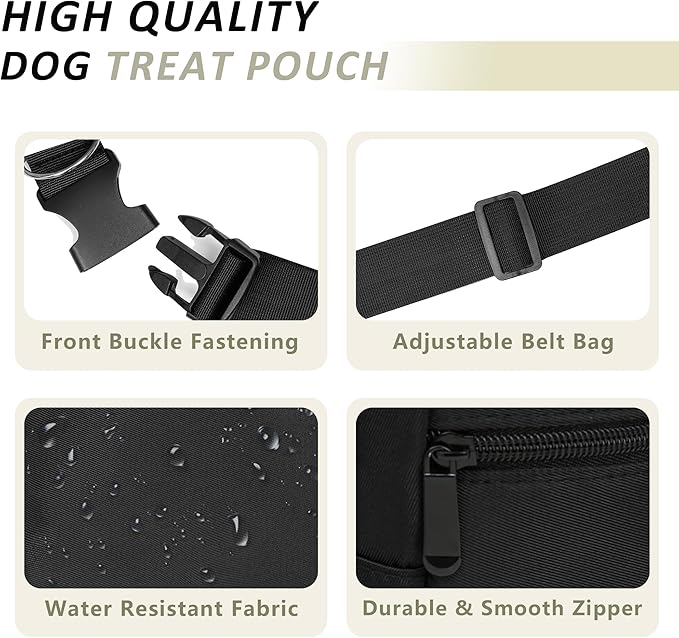 Puppy Dog Treat Pouches for Pet Training Treat Bag, Dog Walking Fanny Pack with Carabiner, Built-in Poop Bag Dispenser & Reuse Dog Poop Holder, Puppy Pet Treat Waist Belt (Black)
