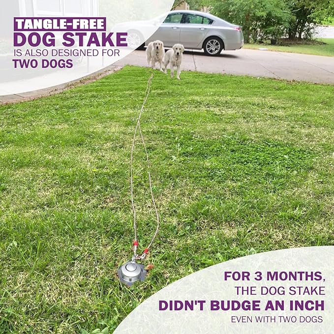 360° Swivel Dog Tie Out Cable and Stake - 2025 Upgrad Stainless Steel Dog Stake Dog Anchor for Small to Large Dogs - No Tangle Reflective Dog Run Cable for Yard (Silver 20 ft Cable)