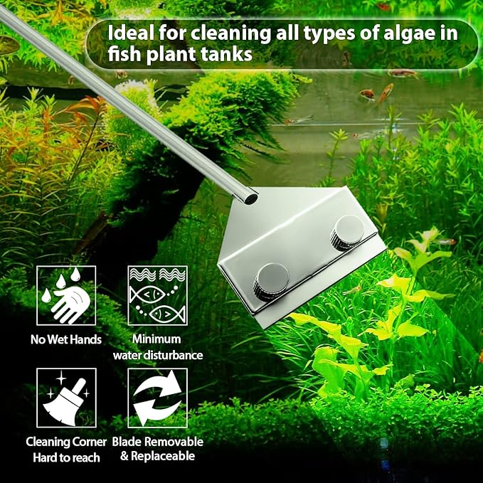 Aquarium Fish Tank Tools Kit Stainless Steel Algae Cleaning Scraper Razor Cleaner with 10 Pcs Blades (26 Inch)