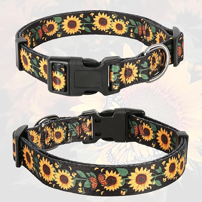 HEELE Dog Collar, Adjustable Soft Dog Collar for Small Medium Large Dogs,Sunflower Floral Patterned Puppy Collars with Quick Release Buckle Sunflower Black L Length 15.94''-25.59'