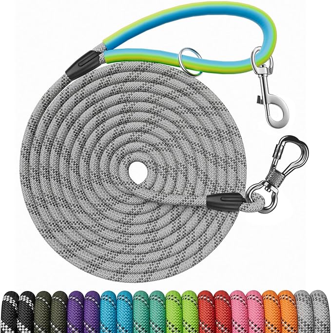 NTR Dog Training Leash, 30FT Check Cord Rope Lead, with 2 Swivel Hooks, Reflective Threads and Soft Rubber Handle, Puppy Leash for Walking, Hunting, Camping for Small Medium Large Dogs-Grey
