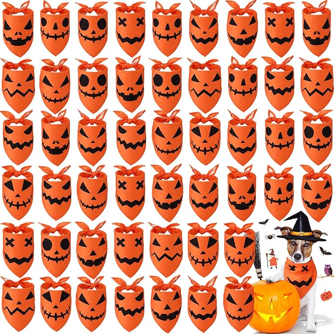 Newwiee 50 Pcs Halloween Dog Bandanas Bulk Pumpkin Dog Bandanas for Dogs Bibs Triangle Dog Scarf Dog Kerchief Set Orange Dog Bandanas for Halloween Pet Costume Accessories Decoration